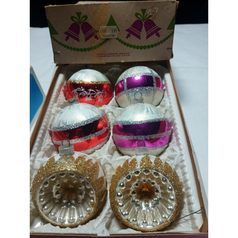 6 Vintage West German Mercury Glass Christmas Ornaments Indents Boxed 1950s